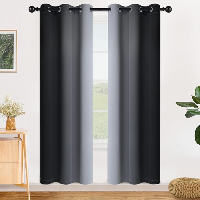 SimpleHome Ombre Room Darkening Curtains for Bedroom, Gradient Black to Grey White Light Blocking Thermal Insulated Grommet Window Curtain/Drapes for Living Room,2 Panels, 42x72 inches Length