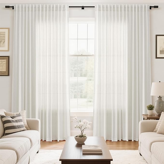 Nanspring Extra Wide 100x108 Inch Linen Curtains for Living Room Divider Light Filtering Semi Sheer Curtains for Sliding Door Beige White Coastal Decor Floor to Ceiling Window Curtain Panel