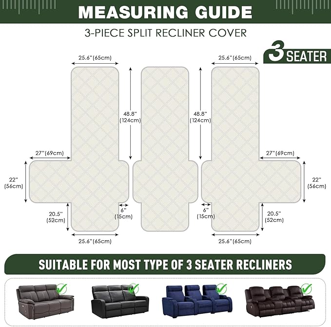TAOCOCO 100% Waterproof Recliner Sofa Cover, Non Slip Split Couch Covers for Reclining Couches with Straps, Washable Reclining Sofa Cover Furniture Protector for Kids Pets(3 Seater, Vine Green)