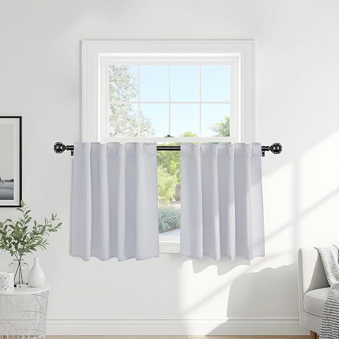 PONY DANCE 36 Inches Curtain Valances - Rod Pocket Window Covering Light Filtering and Privacy Protection Tiers for Home Decoration, 42 x 36 Inches, Greyish White, Set of 2