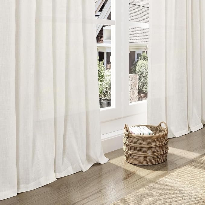 Nanspring Extra Long Beige White Curtains 108 Inch Length 2 Panels Set for Living Room Linen Semi Sheer Curtains Coastal Room Decor Floor to Ceiling Curtain for Bedroom Large Window 70x108
