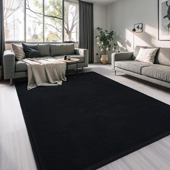 AROGAN Modern Shag Area Rug for Living Room, 5x7 Feet Washable Rugs for Bedroom, Indoor Floor Carpet Rugs, Plush Memory Foam Bedside for Kids Girls Teens Room Low Pile Rug Decor, Black
