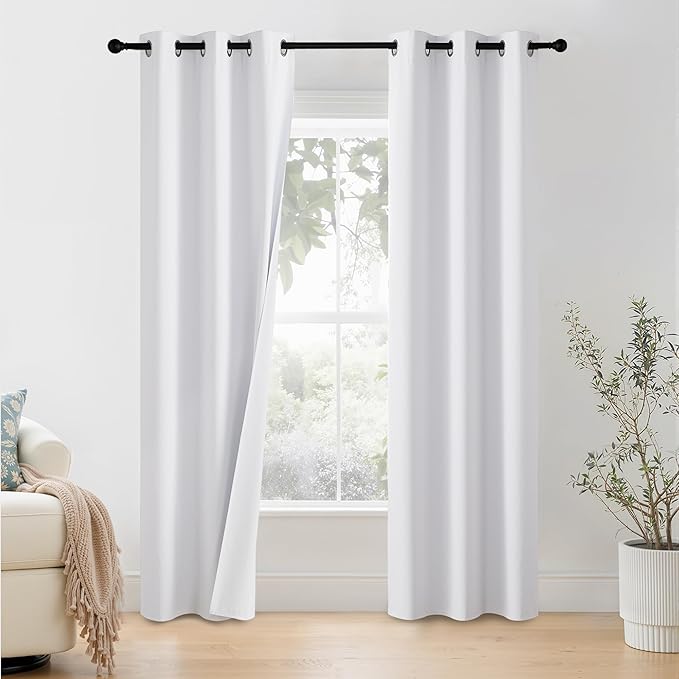 NICETOWN 100% Blackout Window Curtain Panels 90 inch Length for Living Room, Set of 2, Snow White, 42 inches Wide, Thermal Insulated Drapes