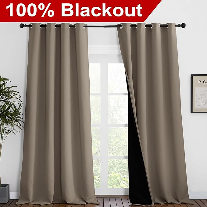 NICETOWN 100% Blackout Blinds, Set of 2, 52 inches x 120 inches, Laundry Room Decor Window Treatment Curtains for Large Patio Sliding Door, Thermal Insulated Taupe Curtains for Bedroom