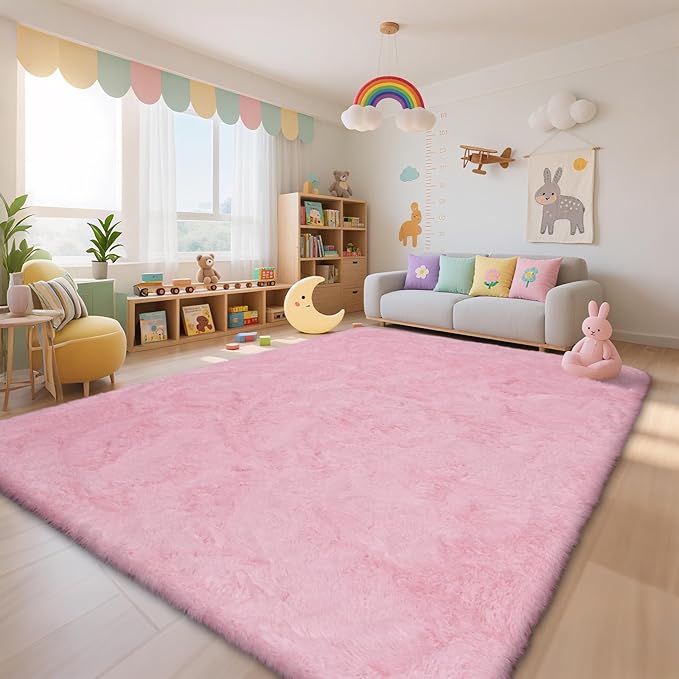 Large Shag Area Rugs for Living Room Bedroom,Big Ultra Soft Fluffy Pink Area Rugs for Dorm,Indoor Carpet Nursery Rugs for Kids Girls Room Home Decor (Pink, 10X14 Feet)
