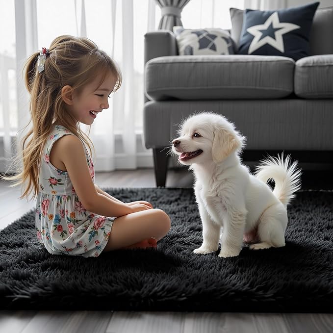 Rugs for Living Room 6x9, Alfombras para Salas Shag Large Plush Soft Area Rug, Shaggy Carpets for Bedroom, Kids Boys Girls Home Decor Aesthetic(Black, 6 x 9 Feet)