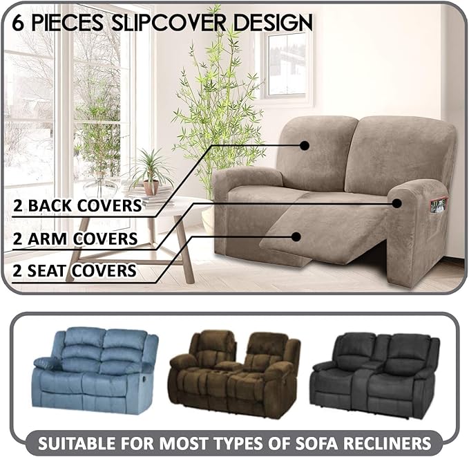 ULTICOR Reclining Love Seat Sofa Cover (6 Piece, Taupe), 48-65'' L, Velvet Stretch, Soft, Washable