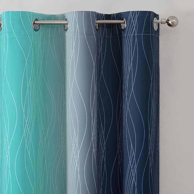 Estelar Textiler Navy Blue and Teal Ombre Blackout Curtains for Bedroom, Thermal Insulated Gradient Blackout Drapes, Full Room Darkening Energy Saving Curtains for Living Room, 42Wx84L, 2 Panels
