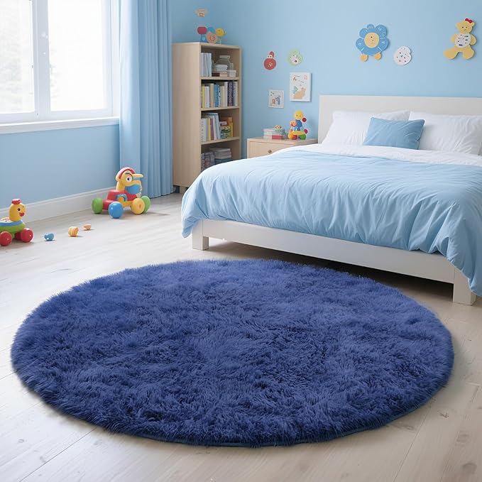 yulidayang Blue Fluffy Round Area Rugs for Living Room,6'X6'Shag Circle Area Rugs for Bedroom,Non Slip Fuzzy Plush Rug for Kids Room Boys Girls Room and Dorm Home Decor Rug