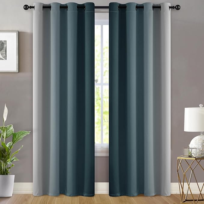 Yakamok Greyish White and Stone Blue Ombre Curtains,Light Blocking Curtains,Room Darkening Grommet Window Drapes for Bedroom(Stone Blue,52x84 Inch,2 Panels)