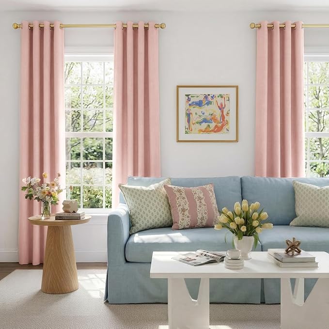 100% Blackout Shield Linen Blackout Curtains for Bedroom, Blush Pink Grommet Curtains for Living Room, Thermal Insulated Room Darkening Drapes for Nursery, Boho Home Decor, 50" W x 72" L, 2 Panels