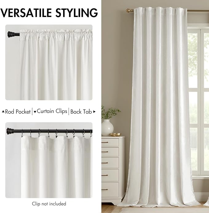 MIULEE Velvet Curtains 96 inches - Luxury Curtains for Bedroom Living Room Thermal Insulated Super Soft Room Darkening Window Drapes Rod Pocket & Back Tab, White, W52 x L96 inches, 2 Panels