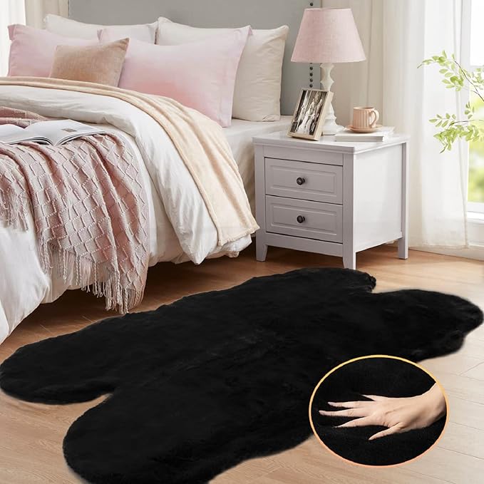 ORINOVA Faux Bunny Fur Rug Plush Area Rugs Machine Washable Black 4x6 Shag Area Rug for Bedroom Faux Sheepskin Rug for Living Room