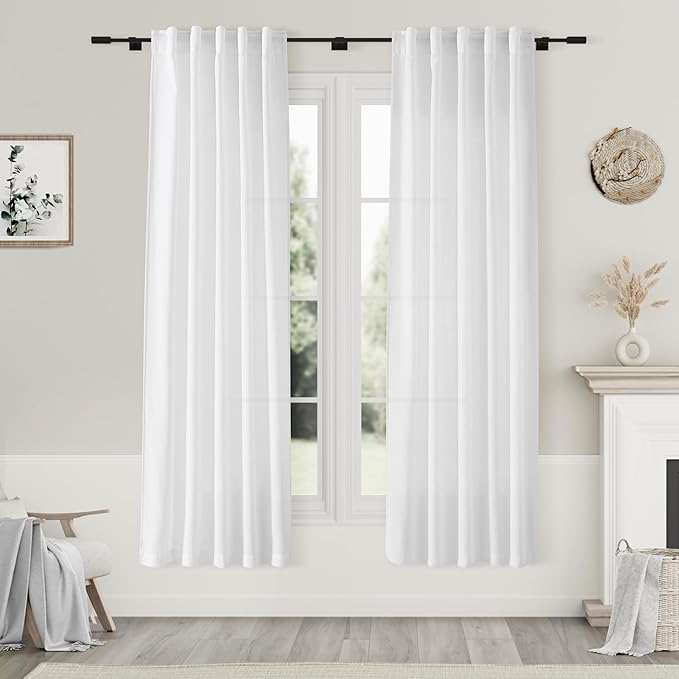 Nanspring White Curtains 72 Inch Length 2 Panels Set for Living Room Bedroom Back Tab Rod Pocket Boho Sheer White Cotton Textured Gauze Curtains Privacy for Dining Room Office 36x72