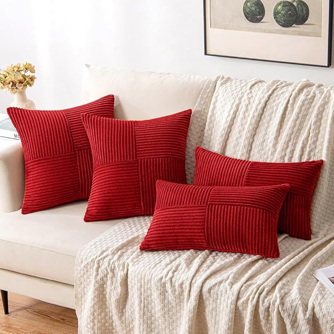 MIULEE Christmas Red Decorative Lumbar Throw Pillow Covers 12x20 Inch for Couch Bed Sofa Pack of 2 Boho Farmhouse Throw Pillows Soft Cross Corduroy Patchwork Textured Cushion Cases