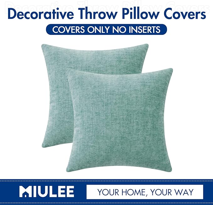 MIULEE Pack of 2 Couch Throw Pillow Covers 20x20 Inch Soft Aqua Green Chenille Pillow Covers for Sofa Living Room Spring Home Decor Couch Solid Dyed Cases