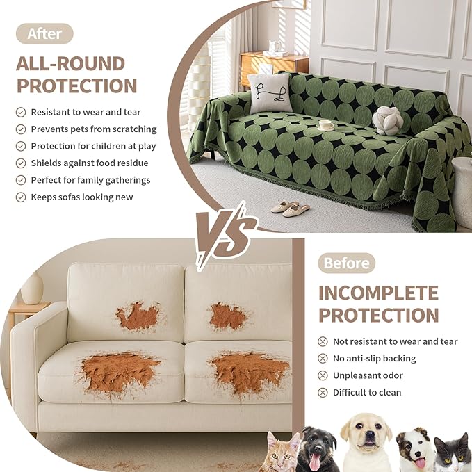 Boho Chenille Couch Cover for Dogs, Non Slip Sofa Cover, Couch Slipcover Covers for 3 Cushion, Furniture Protector with Tassels for Pets Washable, 71"x118", Circle Green