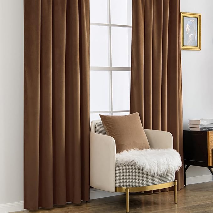 MIULEE Velvet Curtains 84 inches - Luxury Curtains for Bedroom Living Room Room Darkening Thermal Insulated Super Soft Window Drapes Rod Pocket & Back Tab, Brown, W52 x L84 inches, 2 Panels