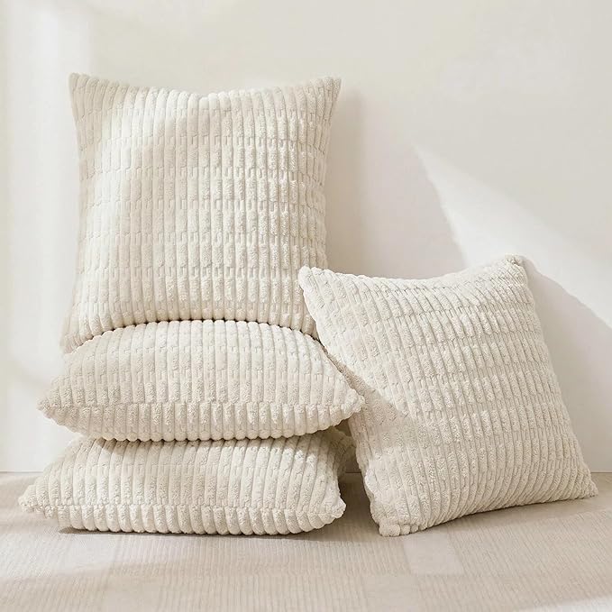 Fancy Homi 4 Packs Boho Cream Decorative Throw Pillow Covers 16x16 Inch for Living Room Couch Bed Sofa, Rustic Modern Farmhouse Home Decor, Soft Plush Corduroy Beige Cute Square Cushion Case 40x40 cm