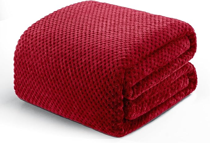 Exclusivo Mezcla Fleece Bed Blanket Twin Size, Super Soft and Warm Blankets for Couch, Sofa and Bed Waffle Textured, Cozy, Fuzzy and Lightweight (Deep Red, 90x66 Inches)