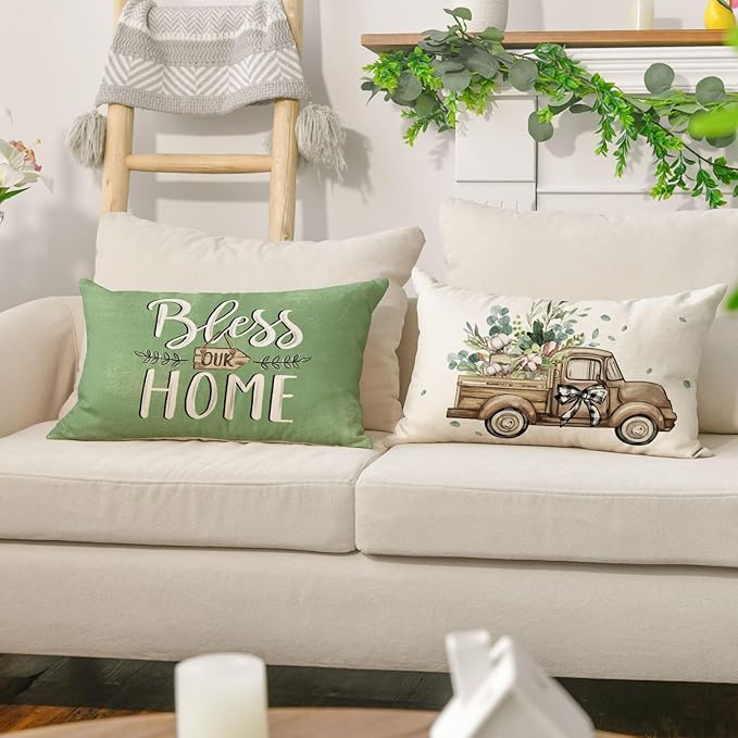 AVOIN colorlife Bless Our Home Farmhouse Eucalyptus Leaves Throw Pillow Covers, 12 x 20 Inch Green Truck Cushion Case Decorations Set of 4