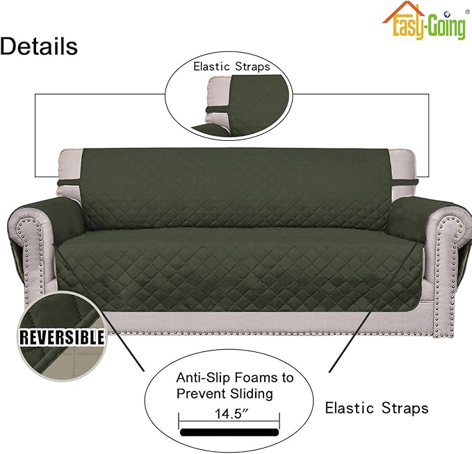 Easy-Going Reversible Couch Cover for 3 Cushion Couch Sofa Cover for Dogs Water Resistant Furniture Protector Cover with Foam Sticks Elastic Straps for Pet Cat (Sofa, Army Green/Beige)