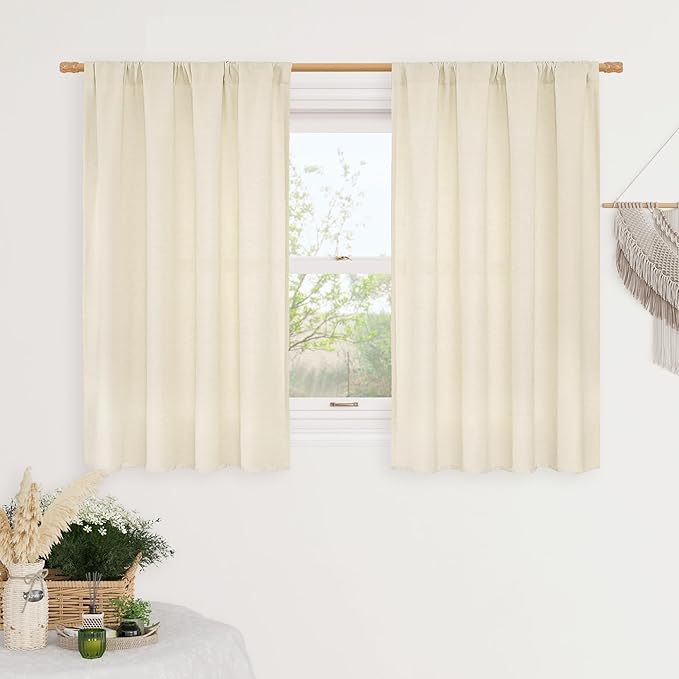 LAMIT 48 Inch Short Window Linen Curtains, Light Beige Soft Thick Light Filtering Panels Rod Pocket Neutral Privacy Faux Linen Drapes for Bedroom/Bathroom/Loft Room, 2 Panels, 42 x 48 Inch