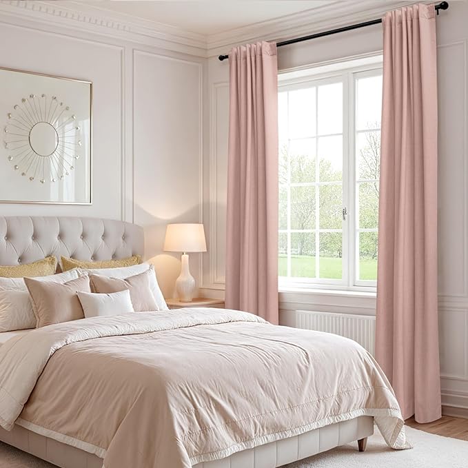 100% Blackout Shield Linen Blackout Curtains for Bedroom 96 Inches Long, Back Tab/Rod Pocket Living Room Drapes, Thermal Insulated Blackout Curtains 2 Panels Set, 50" W x 96" L, Blush Pink
