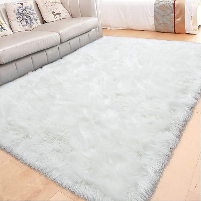 LOCHAS Soft Fluffy Faux Fur Rugs for Bedroom Bedside Rug 4x6 Feet, Washable, Furry Sheepskin Area Rug for Living Room Girls Room, Luxury Shag Carpet Home Decor, White