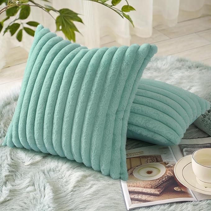 decorUhome Summer Cozy Faux Fur Throw Pillow Covers 26x26 Set of 2 Decorative Soft Plush Striped Modern Farmhouse Boho Couch Euro Sham Pillow Cases with Velvet Back for Sofa Bed Living Room, Aqua