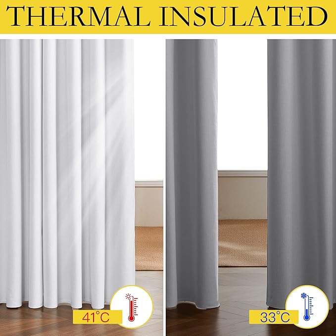 NICETOWN 100% Absolutely Blackout Linen Curtains with Thermal Insulated White Liner, White, 34 inches Wide, 90 inches Length Energy Saving Curtains for Living Room 2 Panels Set, Vertical Blinds