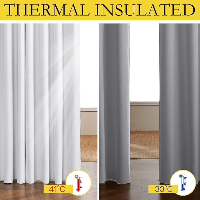 NICETOWN 100% Absolutely Blackout Linen Curtains with Thermal Insulated White Liner, White, W62, 2 Pieces, Noise Reducing Textured Linen Look Curtains for Windows 108 inch Length for Classroom