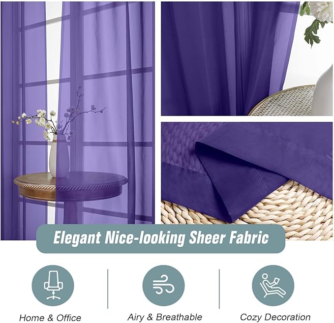 Purple Sheer Curtains 63 Inch Length 2 Panels, Voile Sheer Curtain for Living Room, Breathable Light Filtering Modern Window Treatments, Soft Fabric Dual Rod Pocket Drapes, 2x42Wx63L Inches