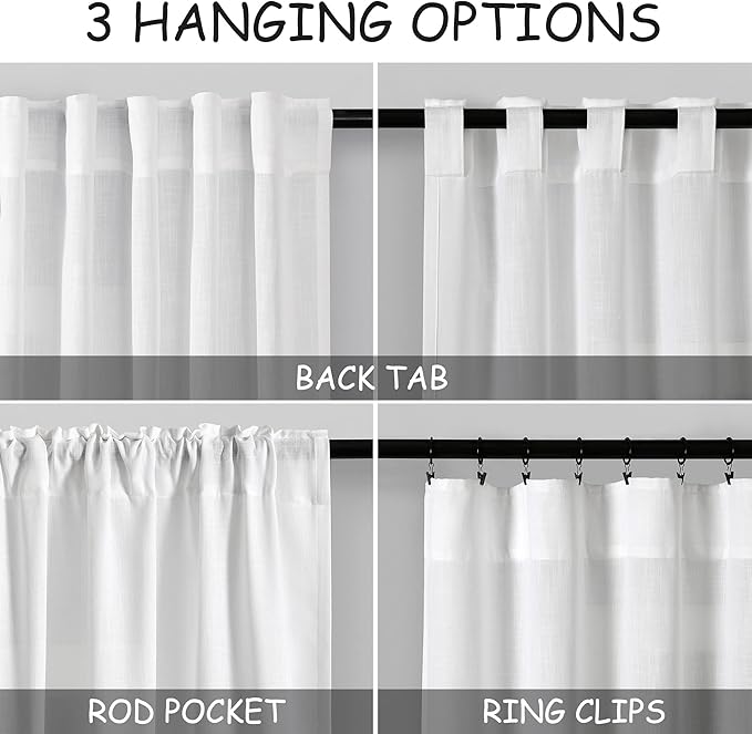 Nanspring White Linen Curtains 83 Inch Length 2 Panels Set for Living Room Back Tab Rod Pocket Semi Sheer Window Curtain Drapes Neutral Rustic Farmhouse Decor Dining Room Curtain 52x83