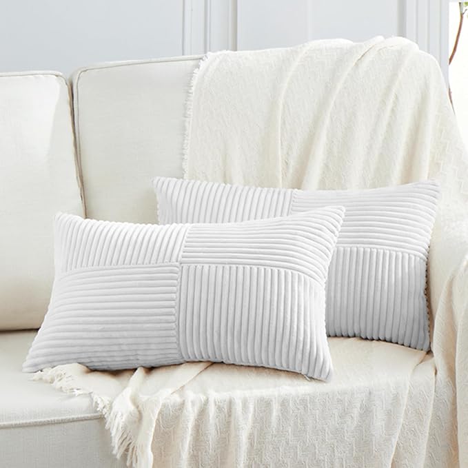 Fancy Homi 2 Packs White Lumbar Decorative Throw Pillow Covers 14x24 Inch for Couch Bed Sofa, Rustic Farmhouse Boho Home Decor, Soft Striped Corduroy Rectangle Accent Cushion Case 35x60 cm