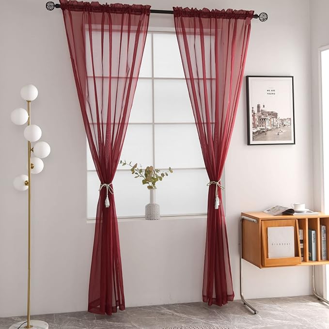 SpaceDresser Basic Rod Pocket Sheer Voile Window Curtain Panels Burgundy 1 Pair 2 Panels 52 Width 72 Inch Long for Kitchen Bedroom Children Living Room Yard(Burgundy,52 W x 72 L)