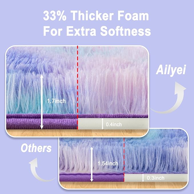 Soft Runner Rugs for Bedroom Hallways, 2x4 Purple Rainbow Fluffy Shag Throw Area Rug Non Slip for Bedside Dorm, Long Shaggy Furry Carpet for Nursery Living Room