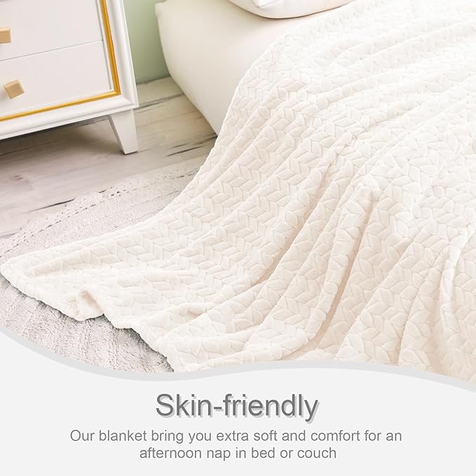 Exclusivo Mezcla Fleece Twin Size Blanket for Bed, 90x66 Inches Soft Cozy Jacquard Flannel Blankets, Lightweight Fuzzy Plush Warm for Women, Off White