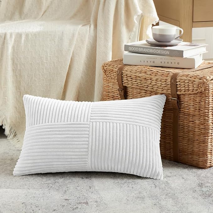Fancy Homi 2 Packs White Lumbar Decorative Throw Pillow Covers 20x28 Inch for Living Room Couch Bed Sofa, Rustic Farmhouse Boho Home Decor, Soft Striped Corduroy Rectangle Accent Cushion Case 50x70 cm