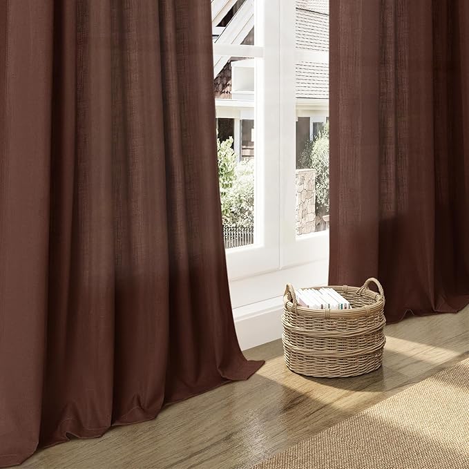 Extra Long Rustic Brown Linen Curtains 120 Inch for Living Room 2 Panels Set Rod Pocket Back Tab Light Filtering Semi Sheer Linen Window Drapes Privacy High Ceiling Drapes for Farmhouse 52x120