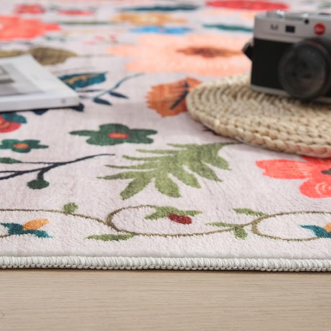 Rugcomf 2x5 Rug Runner - Floral Machine Washable Kitchen Rug, Non-Slip Low Pile Boho Carpet for Hallways, Laundry, Entryway, Bedroom, Bathroom - Beige
