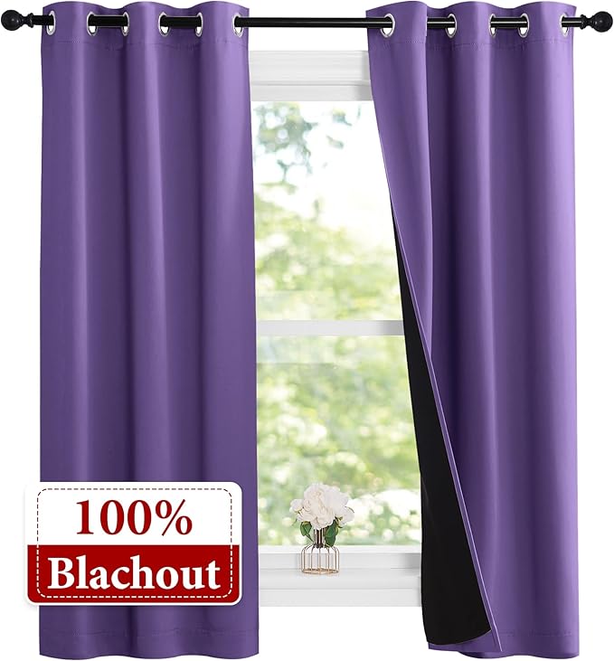 NICETOWN 100% Blackout Short Curtains with Black Liners, 2 Panels, 37" W by 60" L, Lilac Purple, Thermal Insulated Full Blackout 2-Layer Lined Drapes, Energy Efficiency Window Draperies for Bedroom
