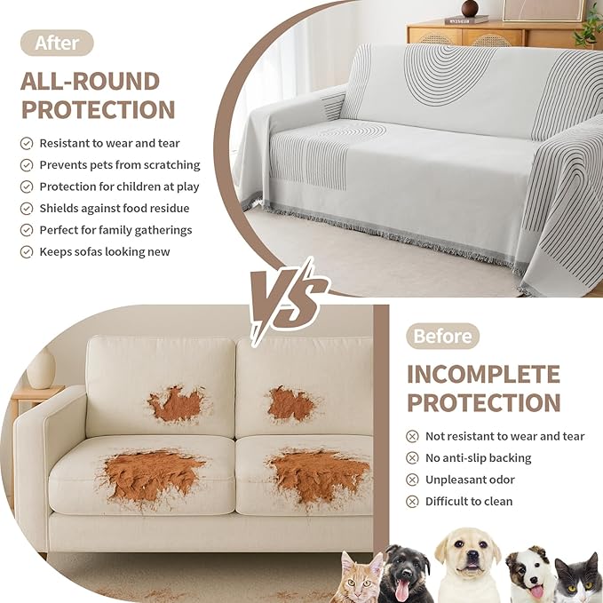 Couch Cover for Dogs, Boho Sofa Covers for 3 Cushion Couch, Chenille Sofa Slipcover for Pets Washable, L-Shape Sectional Couch Loveseat Cover Soft Throw Blankets with Tassels(71x102,Arc Grey)