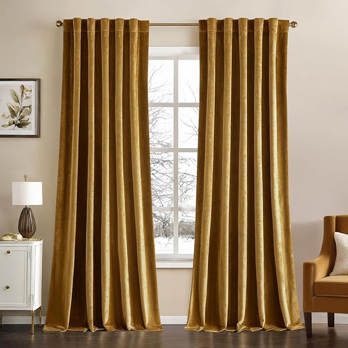 MIULEE Velvet Curtains 108 inches - Luxury Room Darkening Curtains for Bedroom Living Room Thermal Insulated Super Soft Window Drapes Rod Pocket & Back Tab, Gold, W52 x L108 inches, 2 Panels