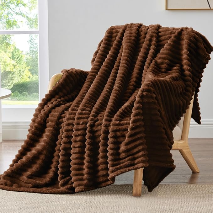 BEDELITE Twin Blanket for Couch & Bed, 300GSM Soft & Warm Fleece Blanket, Decorative and Giftable Striped Chotolate Brown Blankets for Women, Men, 60"x80"