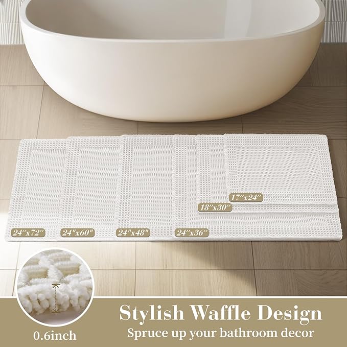 RESARE Waffle Bath Mat for Bathroom, Super Absorbent Bathroom Rugs Non Slip Machine Washable, Ultra Soft Quick Dry Boho Bath Rugs with Tassels for Floor, Upgraded Bordered Design, 18"x30" White