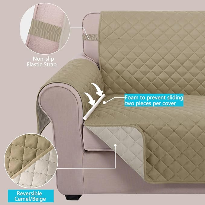 U-NICE HOME Recliner Chair Covers Reversible Quilted Water Repellent Pet Protectors with Elastic Straps (23''Recliner Small, Light Camel/Beige)