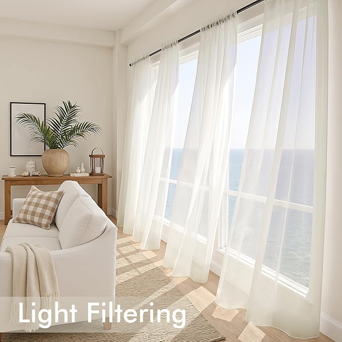 MIULEE Ivory Sheer Curtains 108 Inches Long, 4 Panels Set, Light Filtering Rod Pocket Voile Drapes for Living Room and Bedroom, Airy Soft Fabric Window Treatments, 54 x 108 Inches