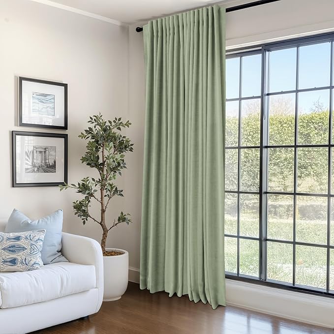 100% Blackout Shield Linen Blackout Curtains for Bedroom 90 Inches Long, Back Tab/Rod Pocket Living Room Drapes, Thermal Insulated Blackout Curtains 1 Panel Set, 100" W x 90" L, Sage