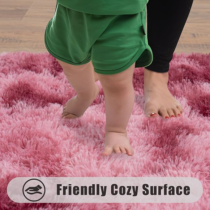Soft Runner Rugs for Bedroom Hallways, 2x6 Tie-Dyed Blush Pink Fluffy Shag Throw Area Rug Non Slip for Bedside Dorm, Long Shaggy Furry Carpet for Nursery Living Room
